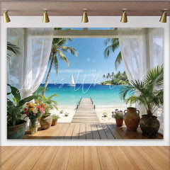 Lofaris Serene Tropical Beach Photography Backdrop with Wooden Pier Stunning Ocean View Background for Studio Photoshoot and Room Decor