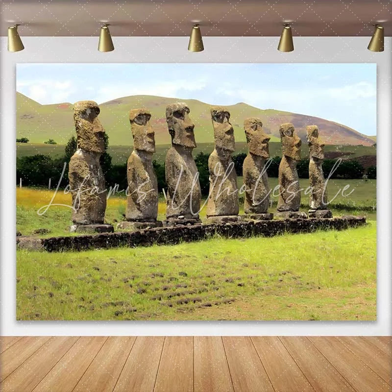 Lofaris Seven Moai Statues Green Meadow Landscape Backdrop Easter Island Historic Site Event Photography Background