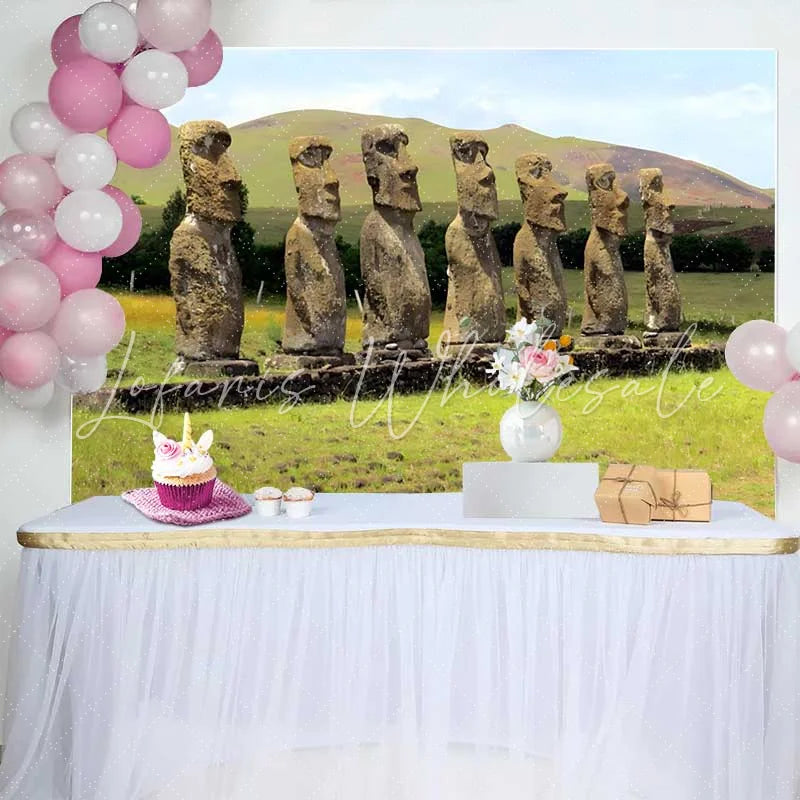 Lofaris Seven Moai Statues Green Meadow Landscape Backdrop Easter Island Historic Site Event Photography Background