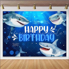Lofaris Shark Happy Birthday Backdrop Blue Ocean Animals Under the Sea Photography Background Boy Birthday Party Decoration Prop
