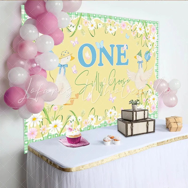 Lofaris Silly Goose First Birthday Backdrop with Cartoon Geese and Daisies Cute Animal Party Background for Baby Photography