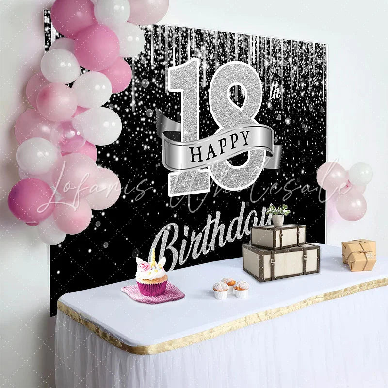 Lofaris Silver Glitter 18th Happy Birthday Backdrop Shimmering Ribbon and Sparkle Background Anniversary Decor