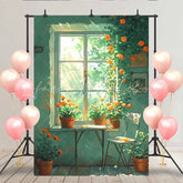 Lofaris Simple Green Window Backdrop Potted Orange Flowers and White Chair for Spring Portrait