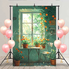 Lofaris Simple Green Window Backdrop Potted Orange Flowers and White Chair for Spring Portrait