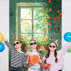 Lofaris Simple Green Window Backdrop Potted Orange Flowers and White Chair for Spring Portrait