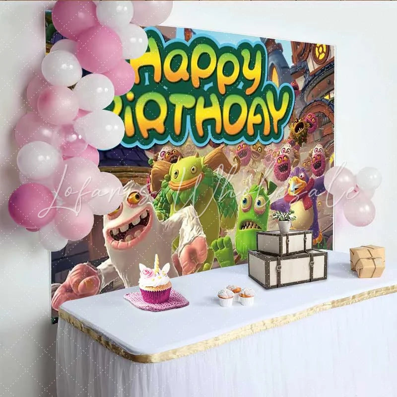 Lofaris Singing Monsters Birthday Backdrop Cartoon Musical Creature Party Decoration Green Kids Happy Birthday Banner Photography Prop