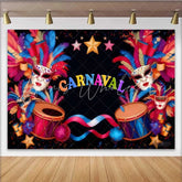 Lofaris Sleek Black Carnaval Backdrop Modern Mask and Drum Celebration Party Banner