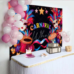 Lofaris Sleek Black Carnaval Backdrop Modern Mask and Drum Celebration Party Banner