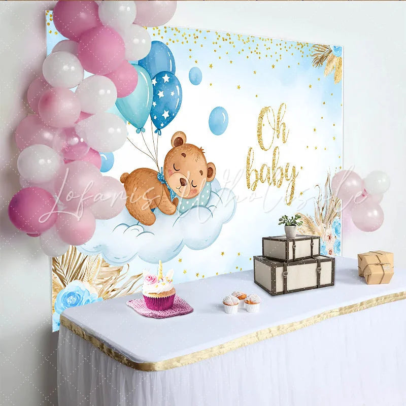 Lofaris Sleeping Bear on Cloud Baby Shower Backdrop Blue Balloons and Pampas Grass for Boy