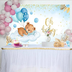 Lofaris Sleeping Bear on Cloud Baby Shower Backdrop Blue Balloons and Pampas Grass for Boy