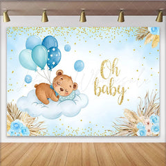 Lofaris Sleeping Bear on Cloud Baby Shower Backdrop Blue Balloons and Pampas Grass for Boy