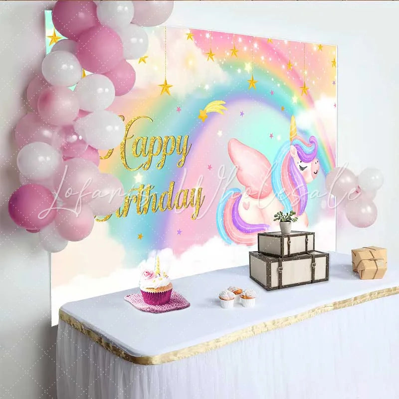 Lofaris Sleeping Winged Unicorn Backdrop Dreamy Rainbow and Hanging Gold Stars Banner