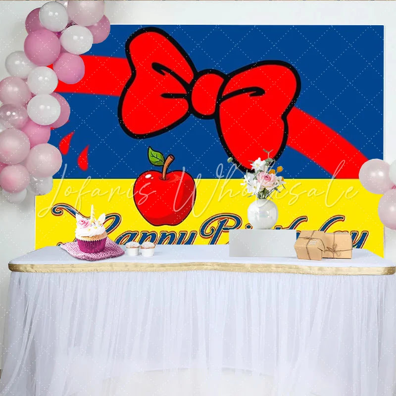 Lofaris Snow White Theme Happy Birthday Backdrop Red Bow and Apple Princess Party Decoration