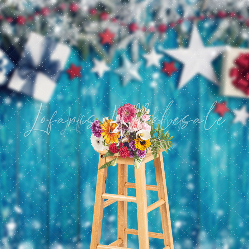 Lofaris Snowflakes Gift Boxes Blue Wood Christmas Backdrop
