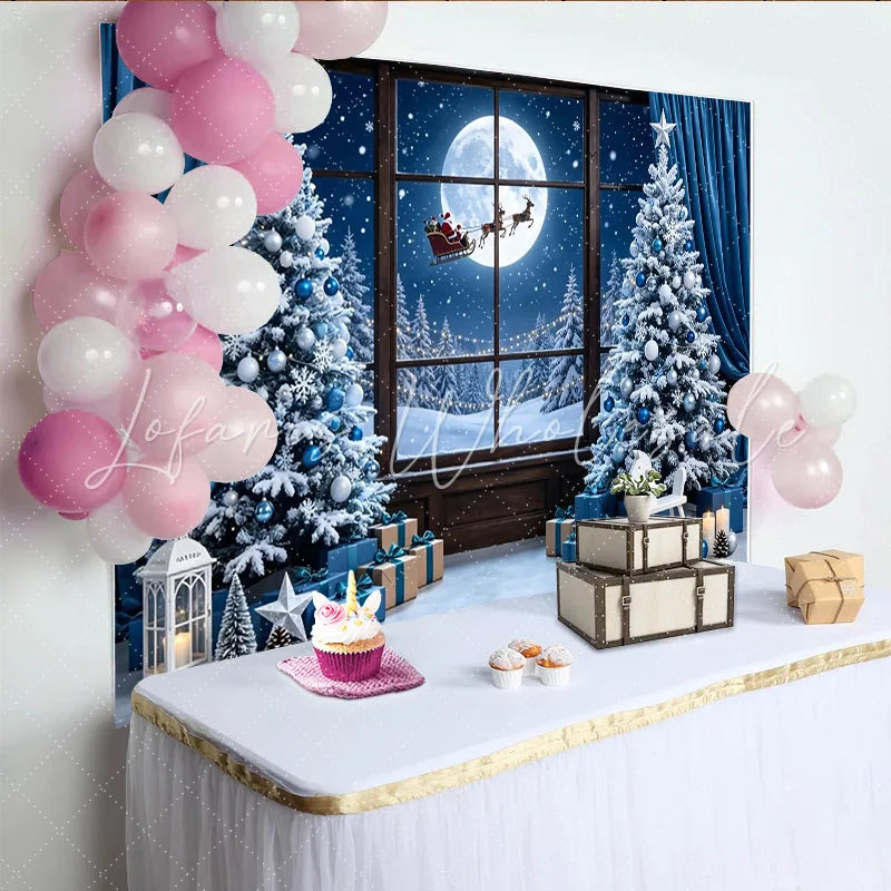 Lofaris Snowy Blue Christmas Photography Backdrop with Santa and Moon Festive Winter Scene Background for Holiday Party Decor