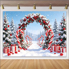 Lofaris Snowy Christmas Arch Backdrop with Candy Canes and Red Berries Winter Wonderland Background for Holiday Photoshoot