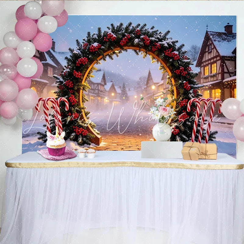 Lofaris Snowy Christmas Arch Backdrop with Candy Canes and Winter Village Festive Holiday Decor for Photo Booth and Winter Party