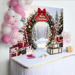 Lofaris Snowy Christmas Arch Backdrop with Pine Trees Gifts and Candy Canes Festive Holiday Background for Winter Party Decor