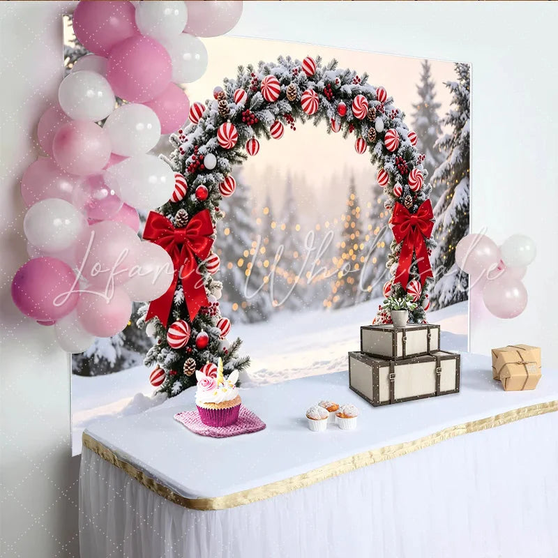Lofaris Snowy Christmas Arch Backdrop with Red Bows and Candy Cane Ornaments Winter Wonderland Photography Background for Festive Decor
