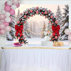 Lofaris Snowy Christmas Arch Backdrop with Red Bows and Candy Cane Ornaments Winter Wonderland Photography Background for Festive Decor