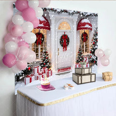 Lofaris Snowy Christmas Backdrop with Decorated House and Gift Boxes Festive Winter Holiday Background for Party Decor and Photoshoot.