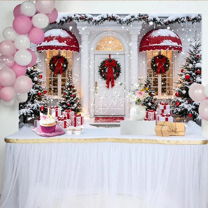 Lofaris Snowy Christmas Backdrop with Decorated House and Gift Boxes Festive Winter Holiday Background for Party Decor and Photoshoot.