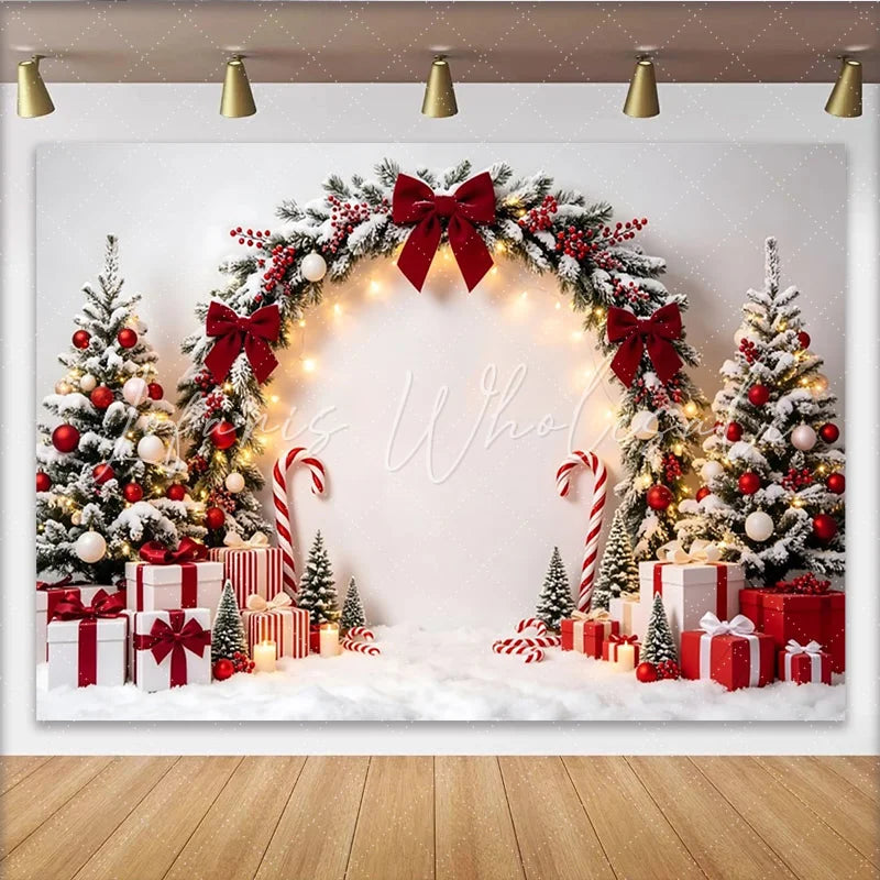 Lofaris Snowy Christmas Backdrop with Red Bows Pine Trees and Gifts Festive Winter Holiday Background for Family Photoshoot