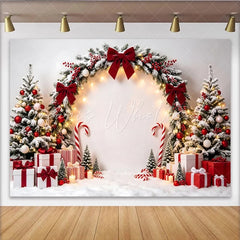 Lofaris Snowy Christmas Backdrop with Red Bows Pine Trees and Gifts Festive Winter Holiday Background for Family Photoshoot