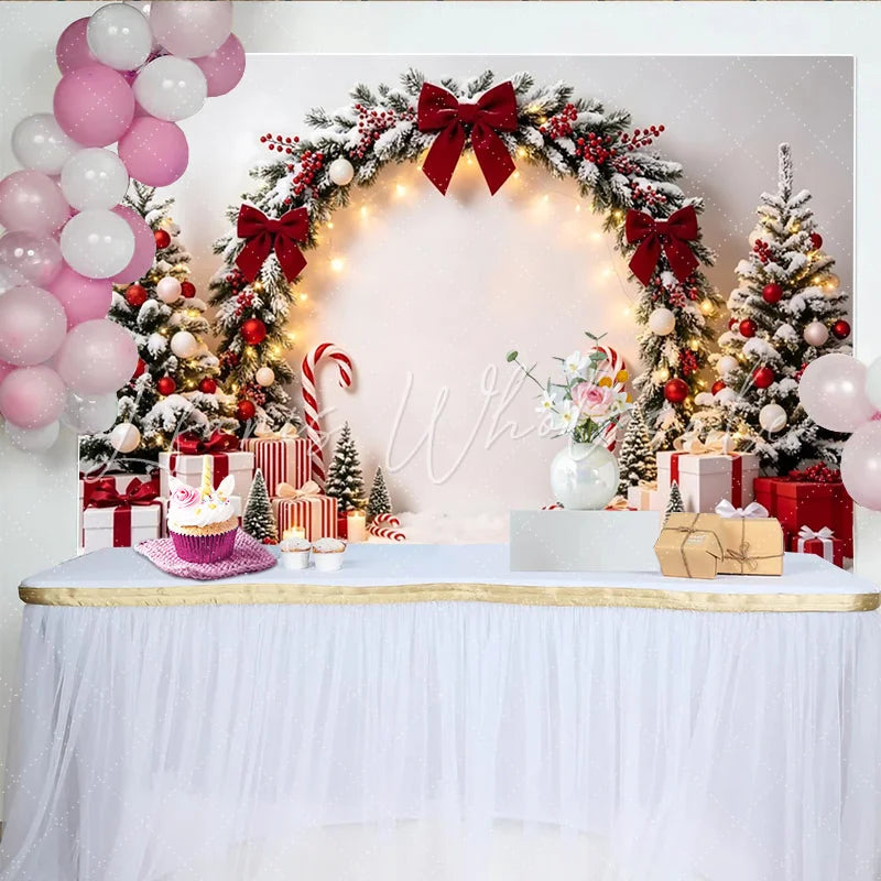 Lofaris Snowy Christmas Backdrop with Red Bows Pine Trees and Gifts Festive Winter Holiday Background for Family Photoshoot