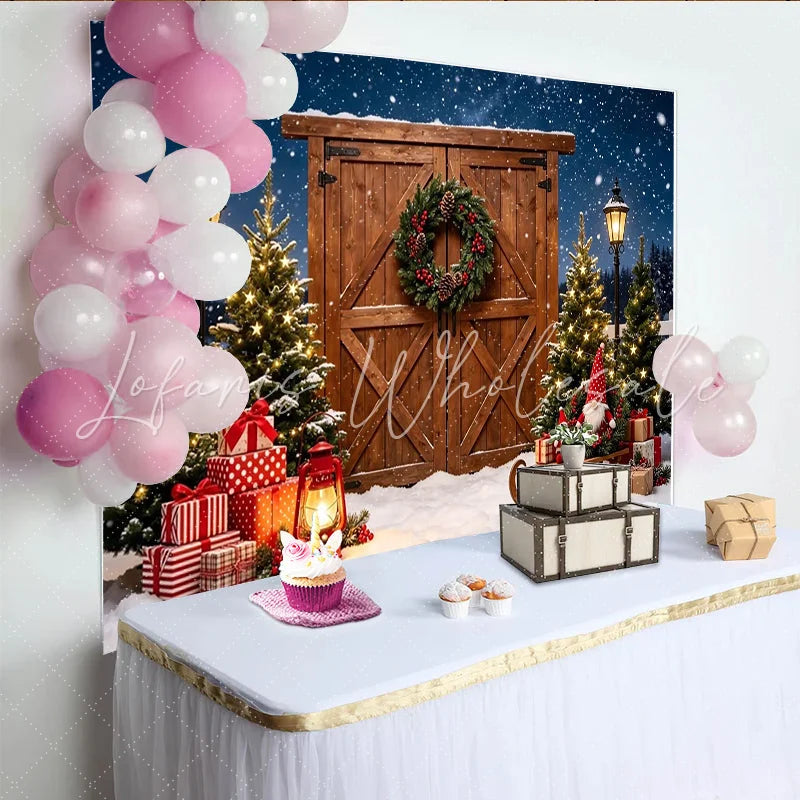 Lofaris Snowy Christmas Barn Door Backdrop with Illuminated Trees and Gifts Festive Winter Holiday Background for Photography and Party