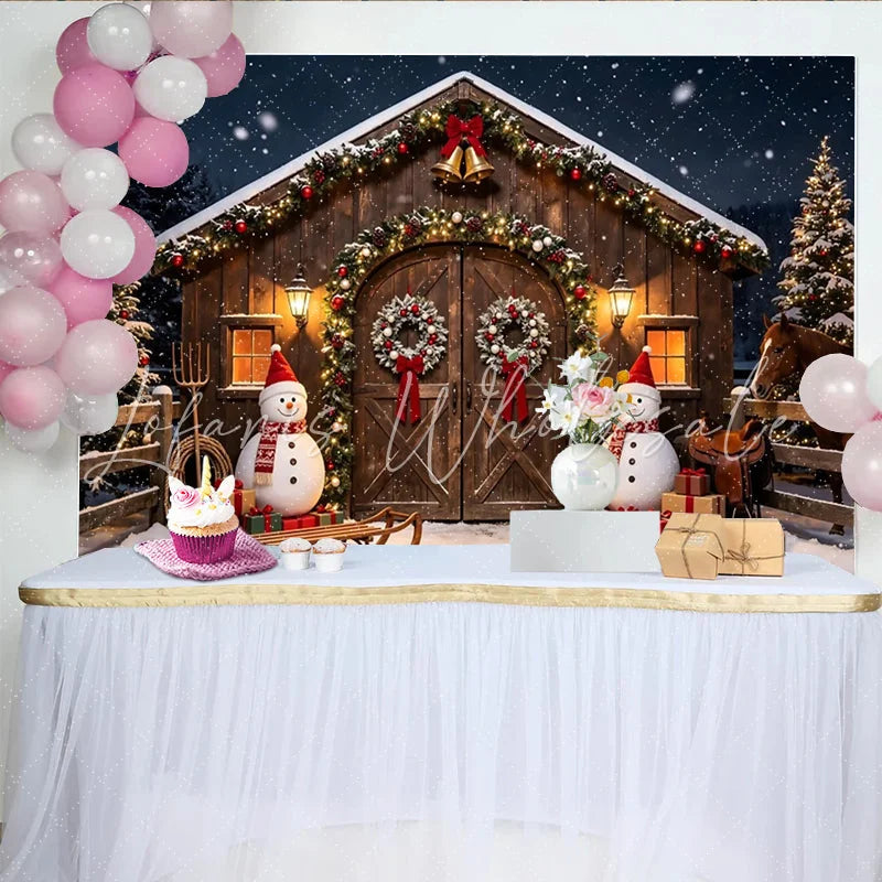Lofaris Snowy Christmas Barn Photography Backdrop with Festive Garlands and Snowmen Winter Wonderland Studio Background for Holiday