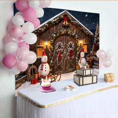 Lofaris Snowy Christmas Barn Photography Backdrop with Festive Garlands and Snowmen Winter Wonderland Studio Background for Holiday
