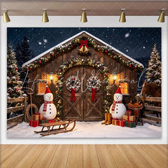 Lofaris Snowy Christmas Barn Photography Backdrop with Festive Garlands and Snowmen Winter Wonderland Studio Background for Holiday