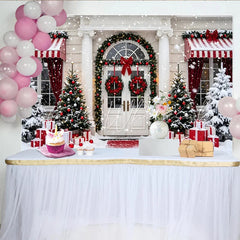 Lofaris Snowy Christmas House Entrance Backdrop with Gifts and Red Decorations Elegant Winter Holiday Background for Family Photoshoot