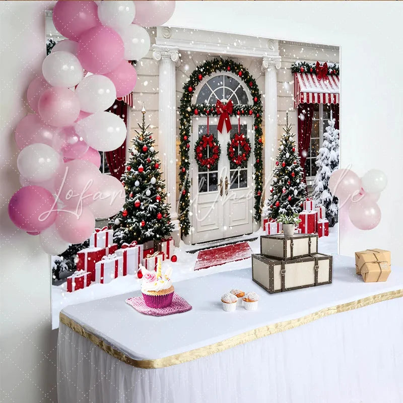 Lofaris Snowy Christmas House Entrance Backdrop with Gifts and Red Decorations Elegant Winter Holiday Background for Family Photoshoot