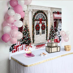 Lofaris Snowy Christmas House Entrance Backdrop with Gifts and Red Decorations Elegant Winter Holiday Background for Family Photoshoot