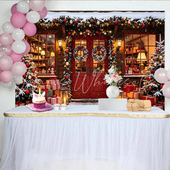 Lofaris Snowy Christmas Shop Photography Backdrop with Decorated Trees and Red Doors Festive Winter Holiday Decor for Family Photoshoot