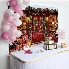 Lofaris Snowy Christmas Shop Photography Backdrop with Decorated Trees and Red Doors Festive Winter Holiday Decor for Family Photoshoot