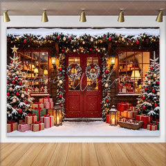 Lofaris Snowy Christmas Shop Photography Backdrop with Decorated Trees and Red Doors Festive Winter Holiday Decor for Family Photoshoot