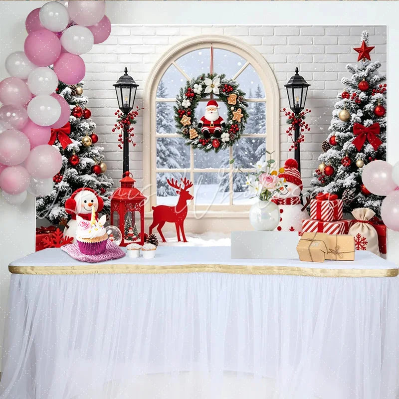Lofaris Snowy Christmas Tree and Window Backdrop with Santa Wreath Festive Snowman and Gift Background for Winter Holiday Decor