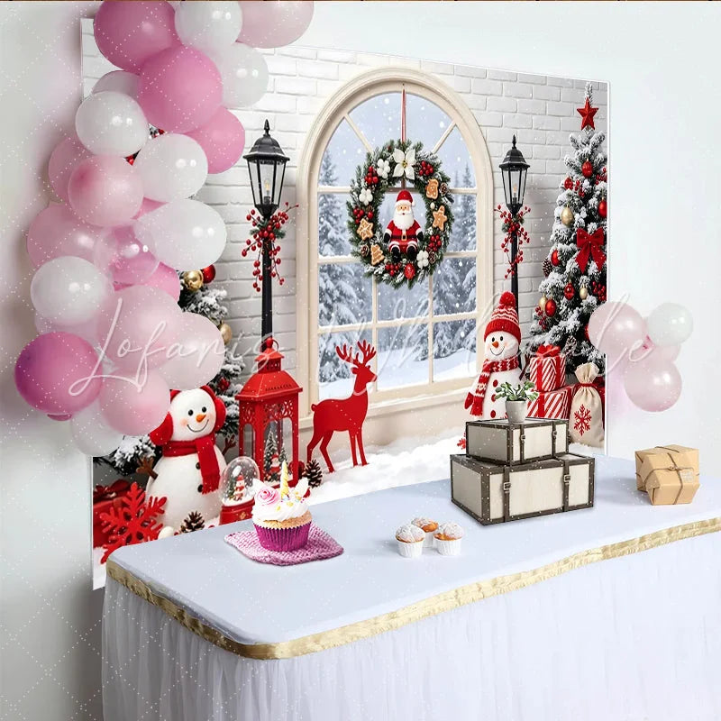 Lofaris Snowy Christmas Tree and Window Backdrop with Santa Wreath Festive Snowman and Gift Background for Winter Holiday Decor