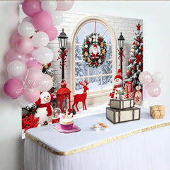 Lofaris Snowy Christmas Tree and Window Backdrop with Santa Wreath Festive Snowman and Gift Background for Winter Holiday Decor
