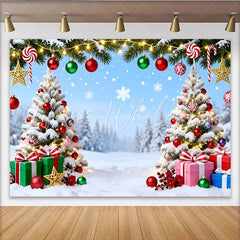 Lofaris Snowy Christmas Tree Backdrop with Red and Green Ornaments Festive Winter Holiday Background for Photography and Party Decor