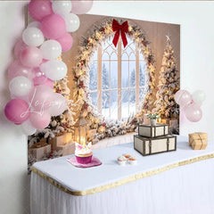 Lofaris Snowy Christmas Tree Backdrop with Red Bow and Winter Window Festive Holiday Background for Family Photoshoot