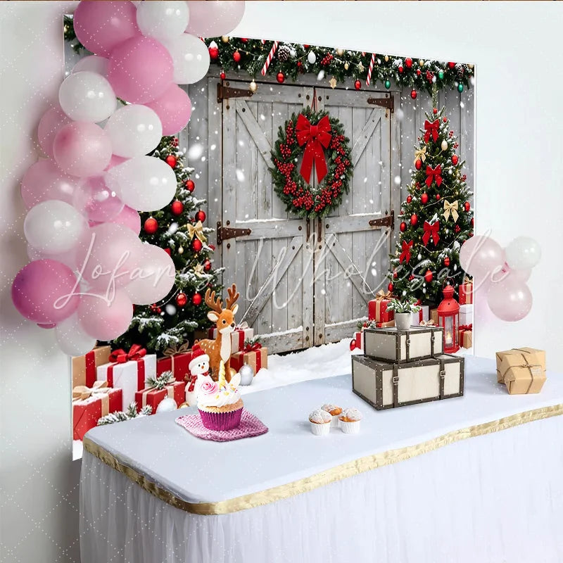 Lofaris Snowy Christmas Tree Backdrop with Rustic Barn Door and Red Wreath Festive Winter Holiday Background for Family Photos