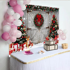 Lofaris Snowy Christmas Tree Backdrop with Rustic Barn Door and Red Wreath Festive Winter Holiday Background for Family Photos