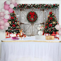Lofaris Snowy Christmas Tree Backdrop with Rustic Barn Door and Red Wreath Festive Winter Holiday Background for Family Photos