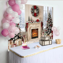 Lofaris Snowy Christmas Tree Photography Backdrop with Fireplace and Festive Wreath Elegant Holiday Background for Winter Celebration