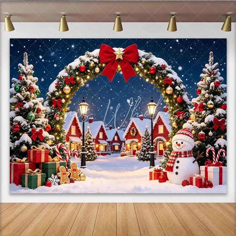 Lofaris Snowy Christmas Village Backdrop with Festive Arch Decorated Trees and Snowman Winter Wonderland Background for Holiday Photography