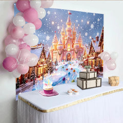 Lofaris Snowy Christmas Village Backdrop with Pink Castle and Reindeer Enchanting Holiday Background for Festive Winter Event Photography